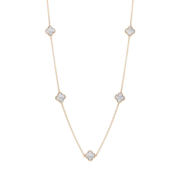 9ct Rose Gold White Mother of Pearl Bloom Four Leaf Clover Ball Edge Necklace