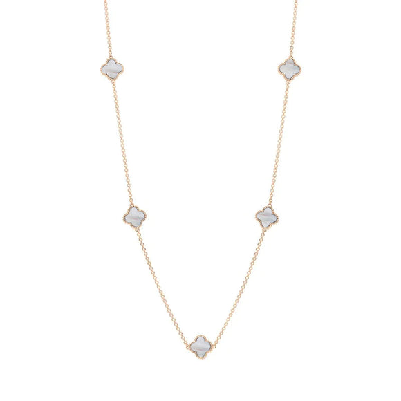 9ct Rose Gold White Mother of Pearl Bloom Four Leaf Clover Ball Edge Necklace