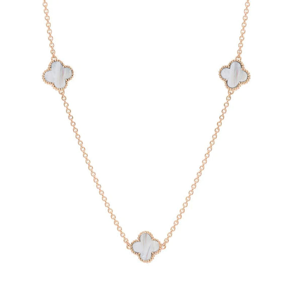 9ct Rose Gold White Mother of Pearl Bloom Four Leaf Clover Ball Edge Necklace