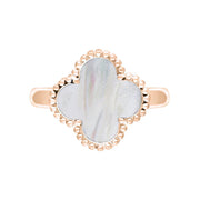 9ct Rose Gold White Mother of Pearl Bloom Four Leaf Clover Ball Edge Ring