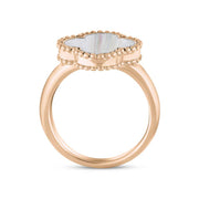 9ct Rose Gold White Mother of Pearl Bloom Four Leaf Clover Ball Edge Ring