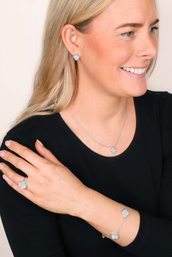 9ct Rose Gold White Mother of Pearl Bloom Four Leaf Clover Ball Edge Stud Earrings