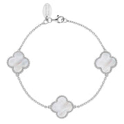 9ct White Gold WHITE MOP Bloom Four Leaf Clover Ball Edge Chain Bracelet