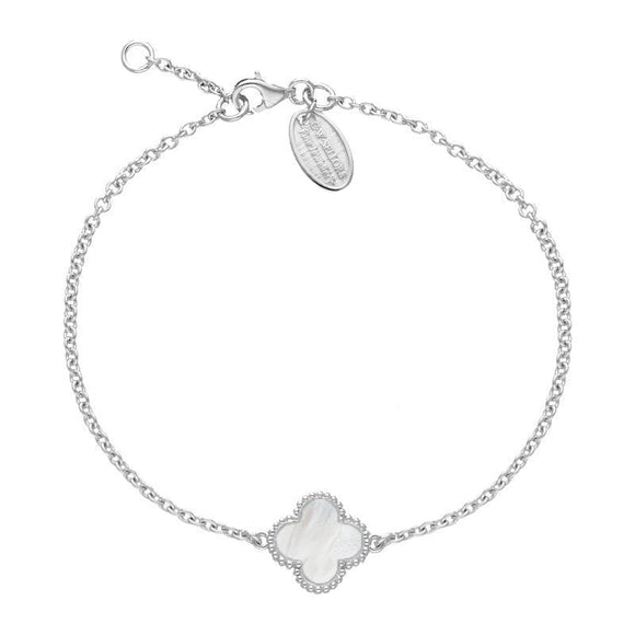9ct White Gold WHITE MOP Bloom Four Leaf Clover Ball Edge Chain Bracelet, B1154