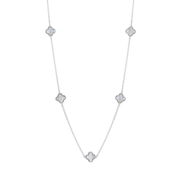 9ct White Gold WHITE MOP Bloom Four Leaf Clover Ball Edge Necklace, N1154 