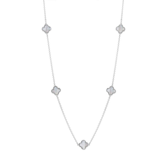 9ct White Gold WHITE MOP Bloom Four Leaf Clover Ball Edge Necklace, N1154 