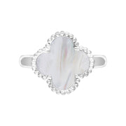 9ct White Gold White Mother of Pearl Bloom Four Leaf Clover Ball Edge Ring