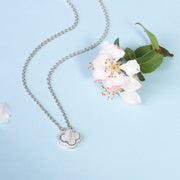 9ct White Gold White Mother of Pearl Bloom Small Four Leaf Clover Ball Edge Chain Necklet