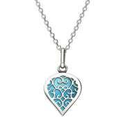 9ct White Gold Turquoise Flore Filigree Small Heart Necklace. P3629.