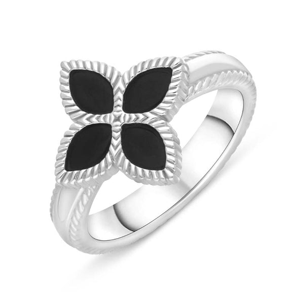 9ct White Gold Whitby Jet Bloom Flower Ball Edge Ring, R1276