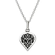 9ct White Gold Whitby Jet Flore Filigree Small Heart Necklace. P3629.