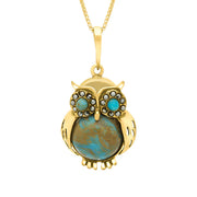 9ct Yellow Gold Turquoise Marcasite Medium Owl Necklace