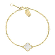 9ct Yellow Gold WHITE MOP Bloom Four Leaf Clover Ball Edge Chain Bracelet, B1154