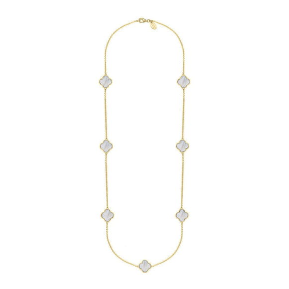 9ct Yellow Gold WHITE MOP Bloom Four Leaf Clover Ball Edge Long Necklace, N1040