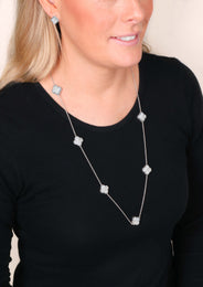 9ct Yellow Gold White Mother of Pearl Bloom Four Leaf Clover Ball Edge Long Necklace