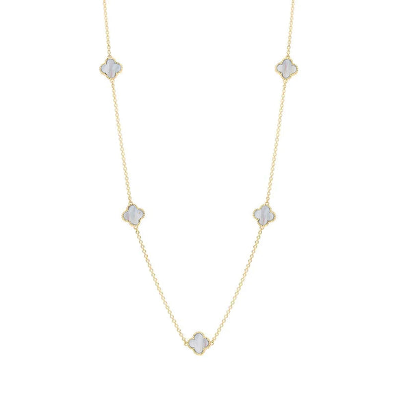 9ct Yellow Gold White Mother of Pearl Bloom Four Leaf Clover Ball Edge Necklace