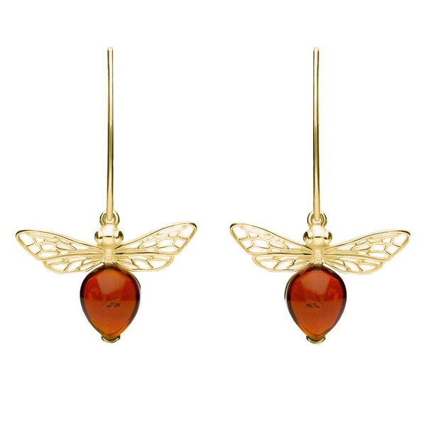 9ct Yellow Gold Amber Bee Small Hook Earrings, E2438.