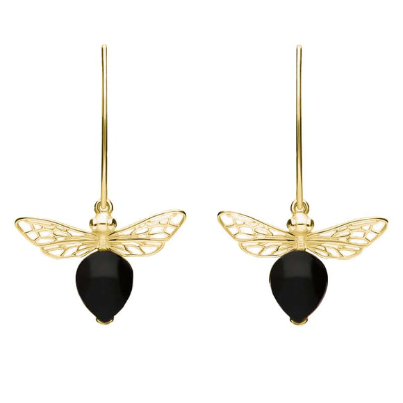 9ct Yellow Gold Whitby Jet Bee Small Hook Earrings, E2438.