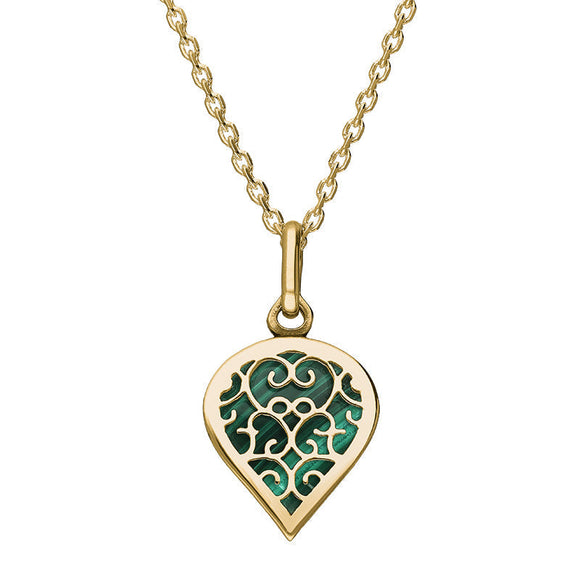 9ct Yellow Gold Malachite Flore Filigree Small Heart Necklace. P3629.
