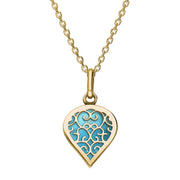 9ct Yellow Gold Turquoise Flore Filigree Small Heart Necklace. P3629.
