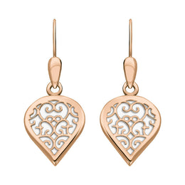 9ct Rose Gold Bauxite Flore Filigree Heart Drop Earrings. E2588.