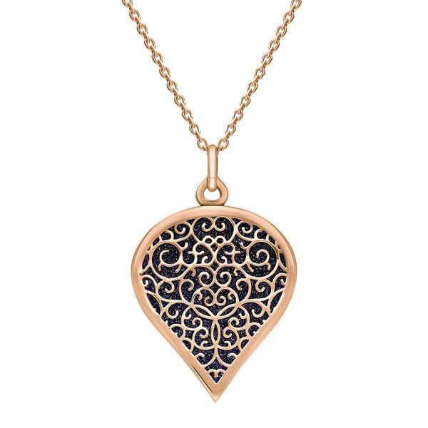 9ct Rose Gold Blue Goldstone Flore Filigree Large Heart Necklace. P3631.