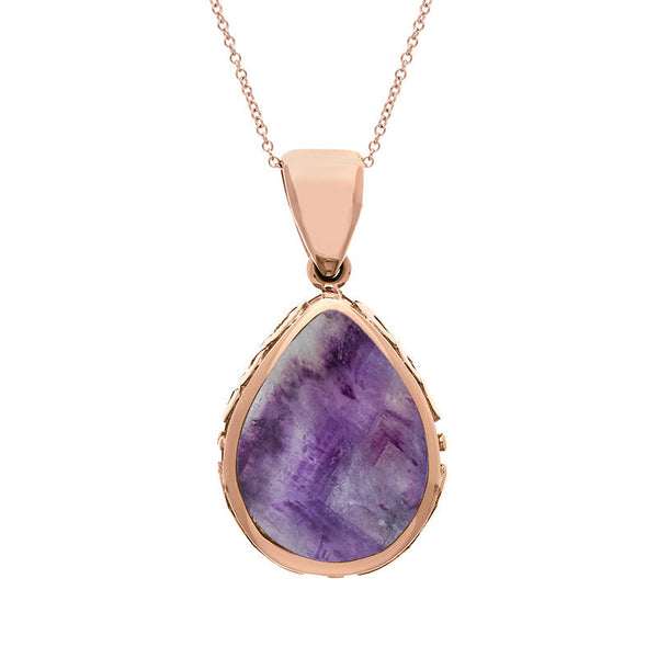 9ct Rose Gold Blue John White Mother Of Pearl Double Sided Celtic Edge Pear Cut Fob Necklace, P410.