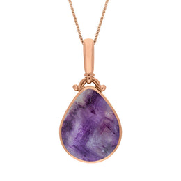 9ct Rose Gold Blue John Whitby Jet Double Sided Pear Fob Necklace, P056_2.