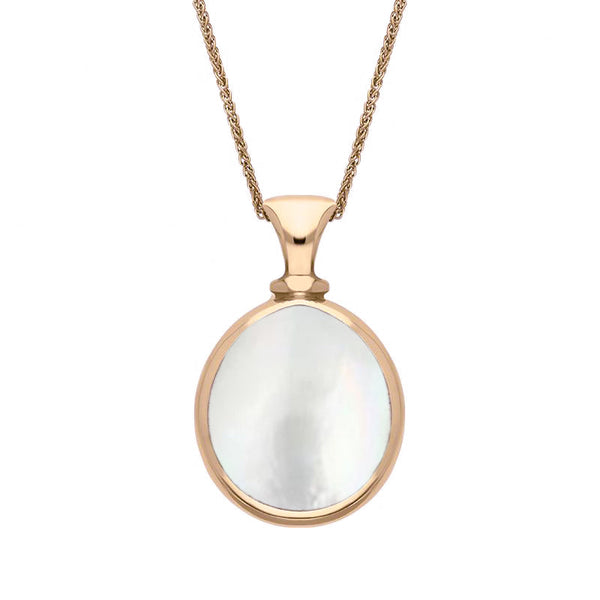 9ct Rose Gold Blue John White Mother Of Pearl Small Double Sided Pear Fob Necklace, P220.