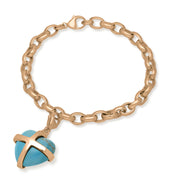 9ct Rose Gold Turquoise Large Cross Heart Charm Bracelet, B1211