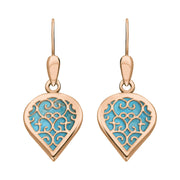 9ct Rose Gold Turquoise Flore Filigree Heart Drop Earrings. E2588.