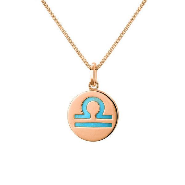 9ct Rose Gold Turquoise Zodiac Libra Round Necklace, P3606.