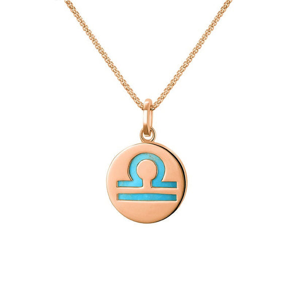 9ct Rose Gold Turquoise Zodiac Libra Round Necklace, P3606.