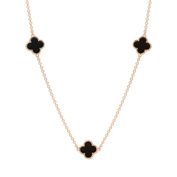 9ct Rose Gold Whitby Jet Bloom Four Leaf Clover Ball Edge Necklace
