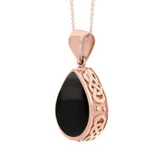 9ct Rose Gold Whitby Jet Blue John Double Sided Celtic Edge Pear Cut Fob Necklace, P410_3.