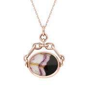9ct Rose Gold Whitby Jet Blue John Double Sided Swivel Fob Necklace, P209.