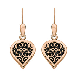 9ct Rose Gold Whitby Jet Flore Filigree Heart Drop Earrings. E2588.
