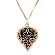 9ct Rose Gold Whitby Jet Flore Filigree Large Heart Necklace. P3631.