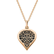 9ct Rose Gold Whitby Jet Flore Filigree Medium Heart Necklace. P3630.