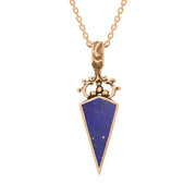 9ct Rose Gold Whitby Jet Lapis Lazuli Double Sided Scroll Top Dagger Fob Necklace, P423.