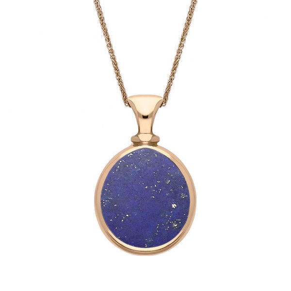 9ct Rose Gold Whitby Jet Lapis Lazuli Small Double Sided Pear Fob Necklace, P220.
