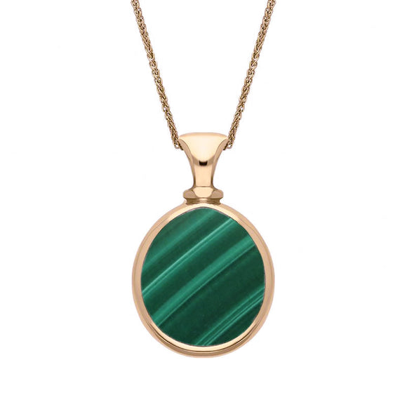 9ct Rose Gold Whitby Jet Malachite Small Double Sided Pear Fob Necklace, P220.
