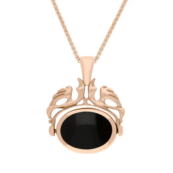 9ct Rose Gold Whitby Jet Mother Of Pearl Double Sided Oval Swivel Fob Necklace, P104_4_2.