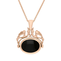 9ct Rose Gold Whitby Jet Mother Of Pearl Double Sided Oval Swivel Fob Necklace, P104_4_2.