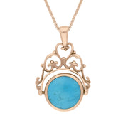 9ct Rose Gold Whitby Jet Turquoise Double Sided Round Swivel Fob Necklace, P110_2.