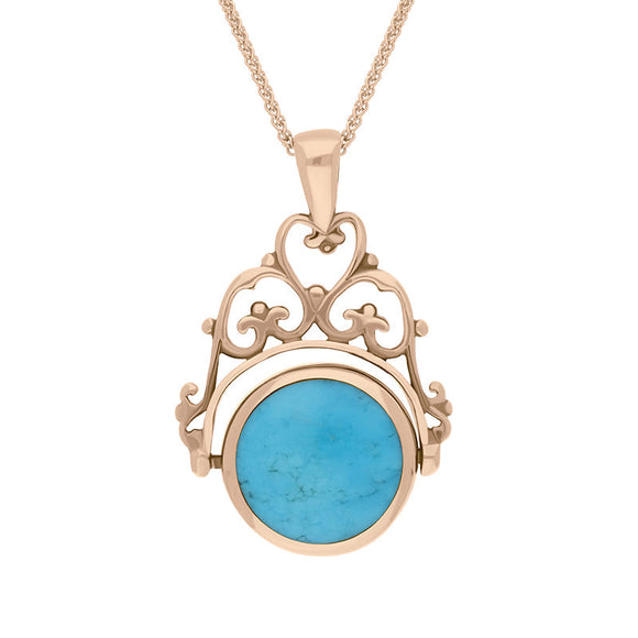 9ct Rose Gold Whitby Jet Turquoise Double Sided Round Swivel Fob Necklace, P110_2.