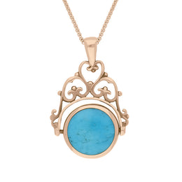 9ct Rose Gold Whitby Jet Turquoise Double Sided Round Swivel Fob Necklace, P110_2.