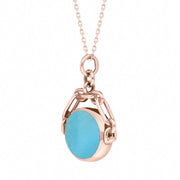 9ct Rose Gold Whitby Jet Turquoise Double Sided Swivel Fob Necklace, P209_3.