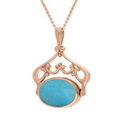 9ct Rose Gold Whitby Jet Turquoise Ornate Double Sided Oval Swivel Fob Necklace, P116_8_3.