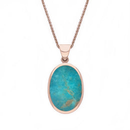 9ct Rose Gold Whitby Jet Turquoise Small Double Sided Fob Necklace, P832.